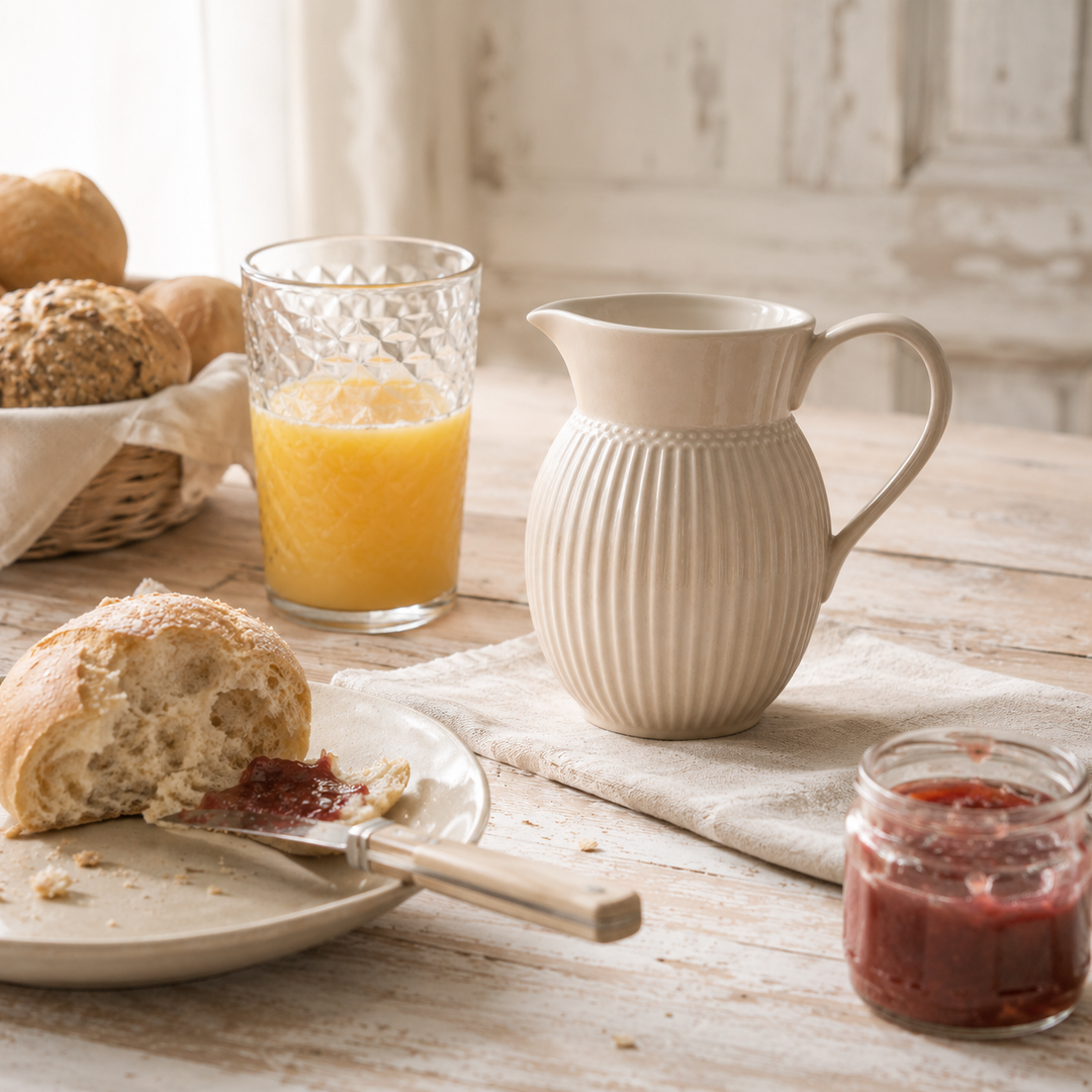 GreenGate Krug Alice Fudge 0,5 L Frühstück Szene mit Brötchen Marmelade und Orangensaft im Landhausstil