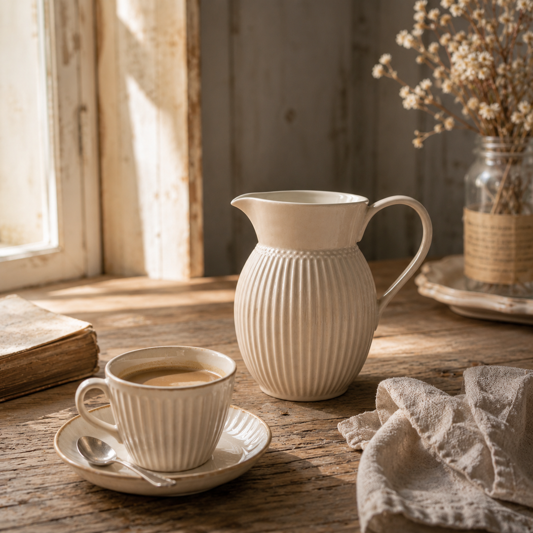 GreenGate Krug Alice Fudge 0,5 L in gemütlicher Kaffee Szene mit warmem Licht im Vintage Landhausstil