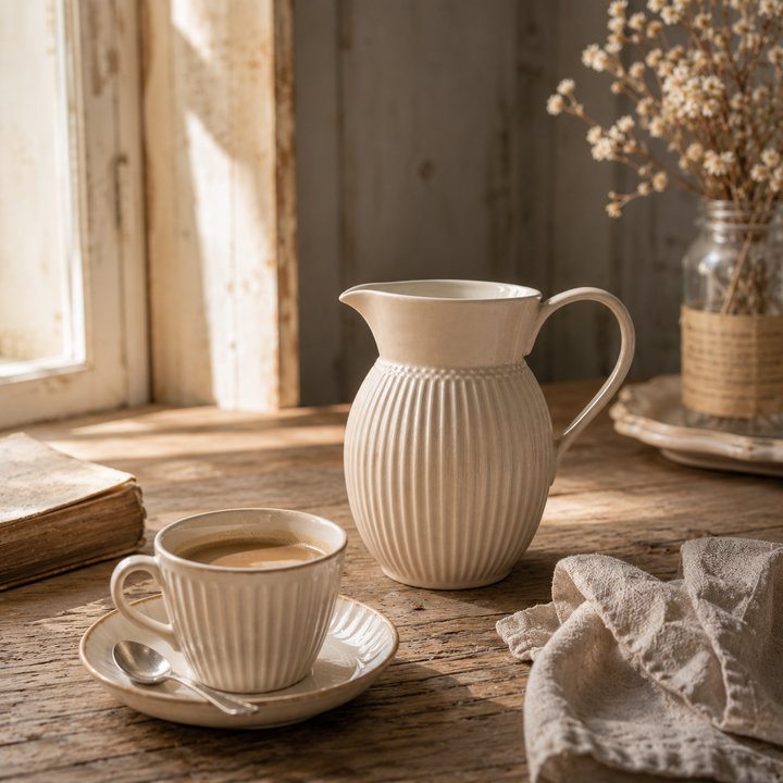 GreenGate Krug Alice Fudge 0,5 L in gemütlicher Kaffee Szene mit warmem Licht im Vintage Landhausstil