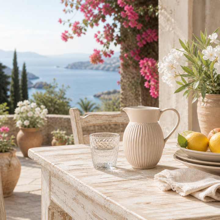GreenGate Krug Alice Fudge 0,5 L auf sommerlicher Terrasse im mediterranen Landhausstil mit Meerblick