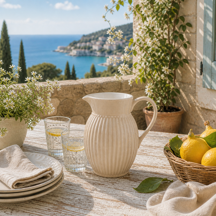 GreenGate Krug Alice Fudge 1,5 L auf sommerlicher Terrasse im mediterranen Landhausstil mit Blumen und Meerblick