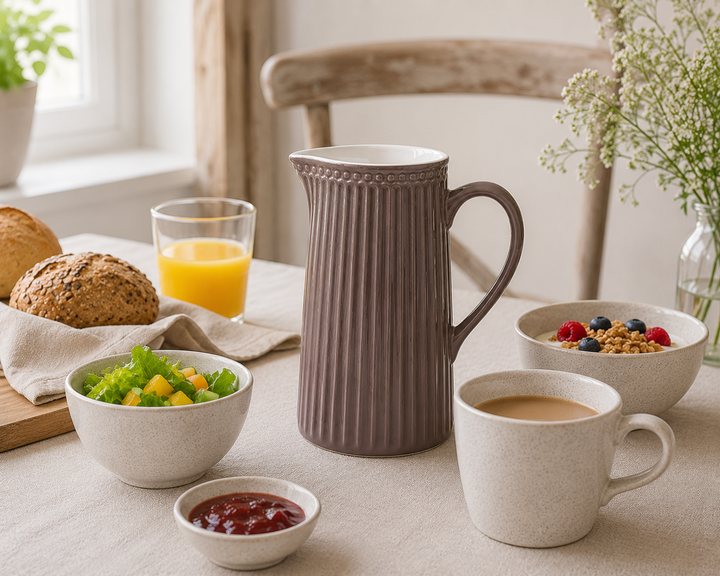 GreenGate Krug Alice Schokolade 1 L in Frühstück Szene mit Brötchen Marmelade Orangensaft und frischem Salat im Landhausstil