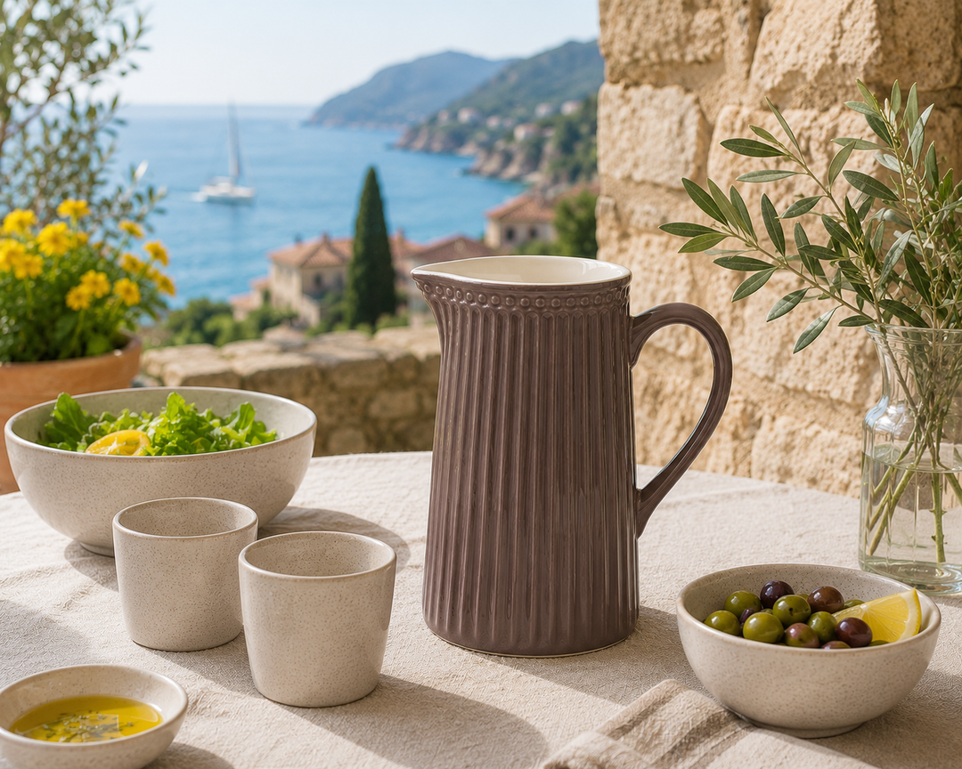 GreenGate Krug Alice Schokolade 1 L auf sonniger Terrasse im mediterranen Landhausstil mit Meerblick und frischen Zutaten