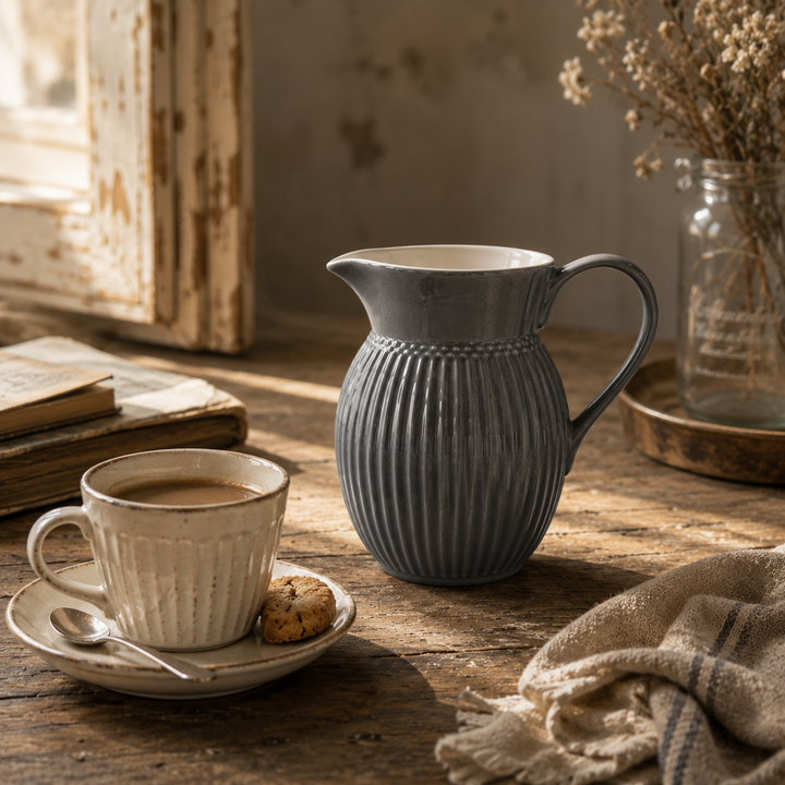GreenGate Krug Alice Steingrau 0,5 L in gemütlicher Kaffee Szene mit warmem Licht im Vintage Landhausstil