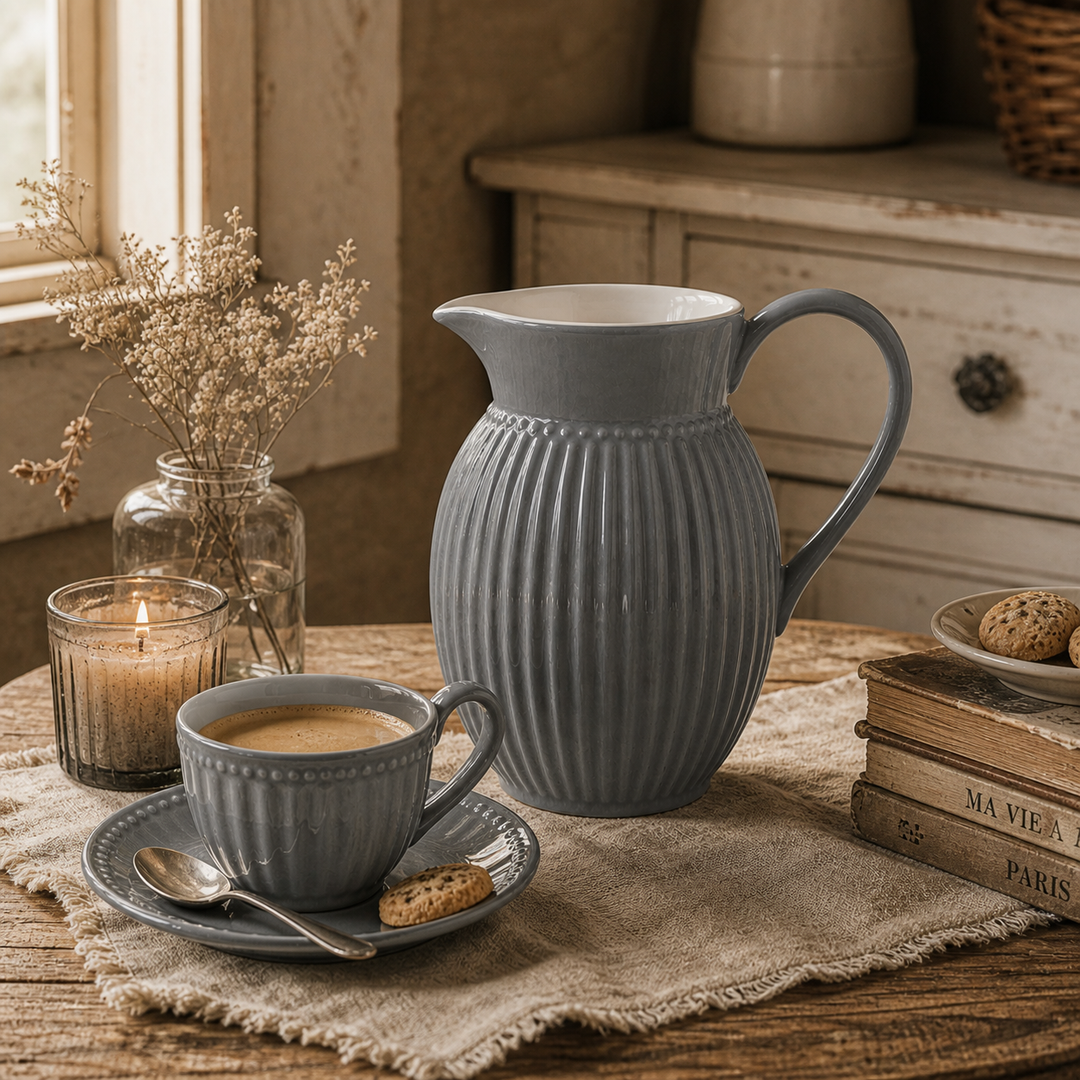 GreenGate Krug Alice Steingrau 1,5 L in gemütlicher Kaffee Szene mit warmem Licht im Vintage Landhausstil