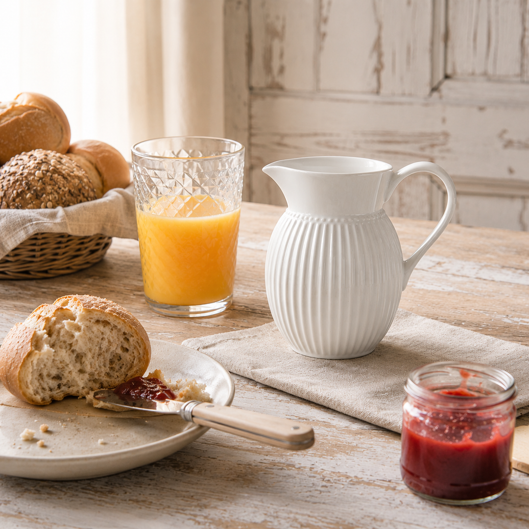 GreenGate Krug Alice Weiß 0,5 L Frühstück Szene mit Brötchen Marmelade und Orangensaft im Landhausstil