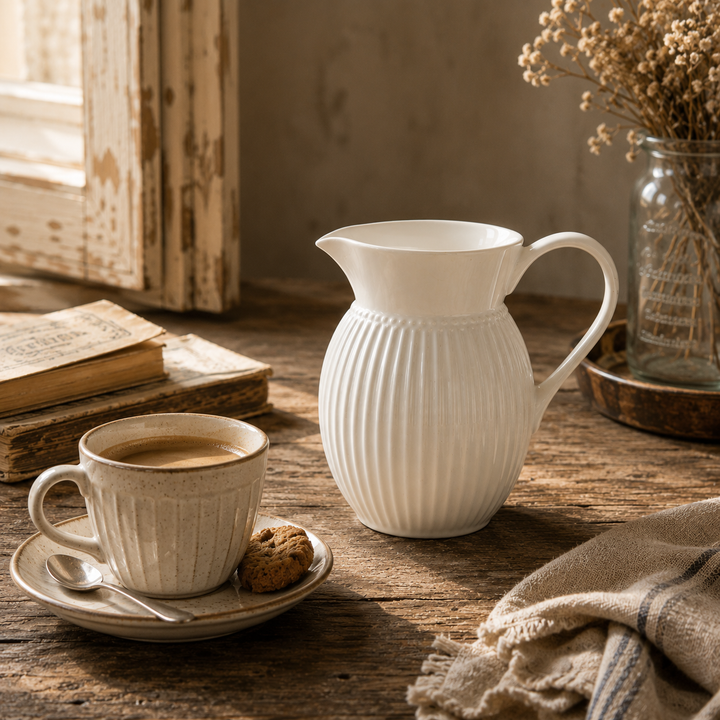 GreenGate Krug Alice Weiß 0,5 L in gemütlicher Kaffee Szene mit warmem Licht im Vintage Landhausstil