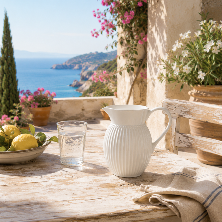 GreenGate Krug Alice Weiß 0,5 L auf sommerlicher Terrasse im mediterranen Landhausstil mit Meerblick