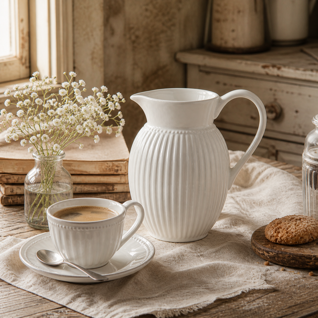 GreenGate Krug Alice Weiß 1,5 L in gemütlicher Kaffee Szene mit Tasse im warmen Vintage Landhausstil