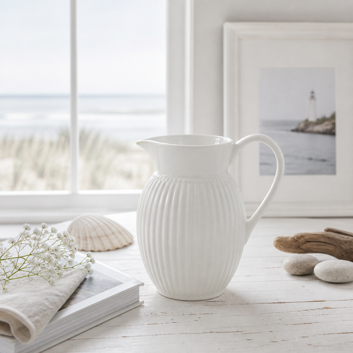 GreenGate Krug Alice Weiß 1,5 L in heller skandinavischer Szene mit maritimen Elementen und minimalistischem Stil