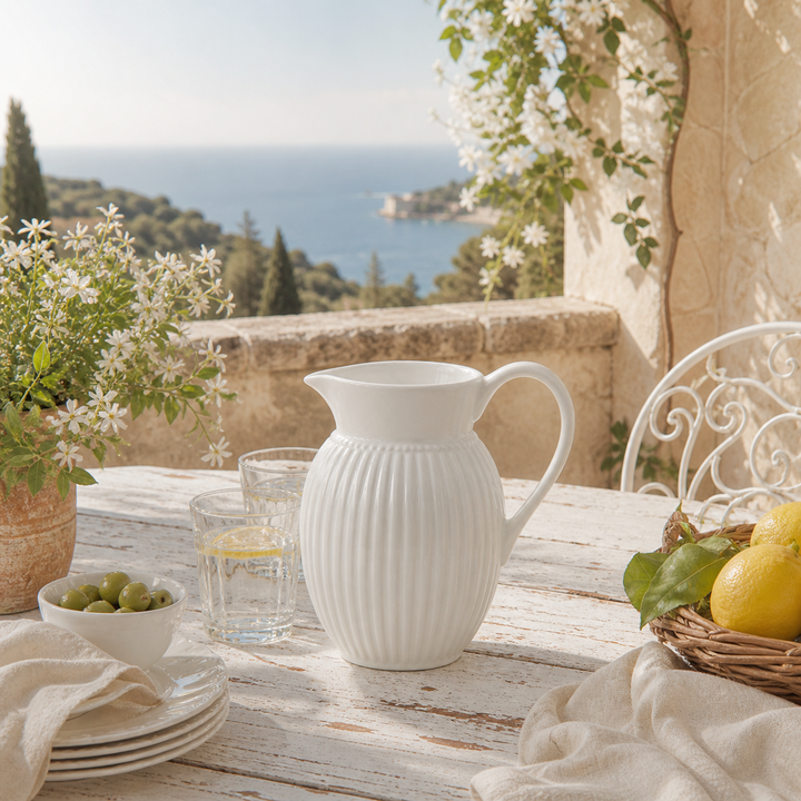 GreenGate Krug Alice Weiß 1,5 L auf sommerlicher Terrasse im mediterranen Shabby Chic Stil mit Meerblick