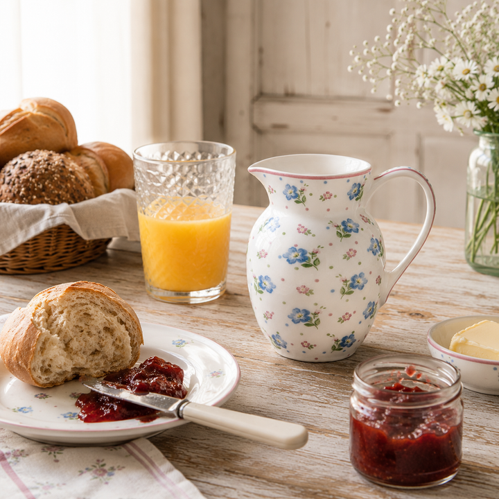 GreenGate Krug Rosalia Weiß 0,5 L mit Blumenmuster in Frühstück Szene mit Brötchen Marmelade und Orangensaft