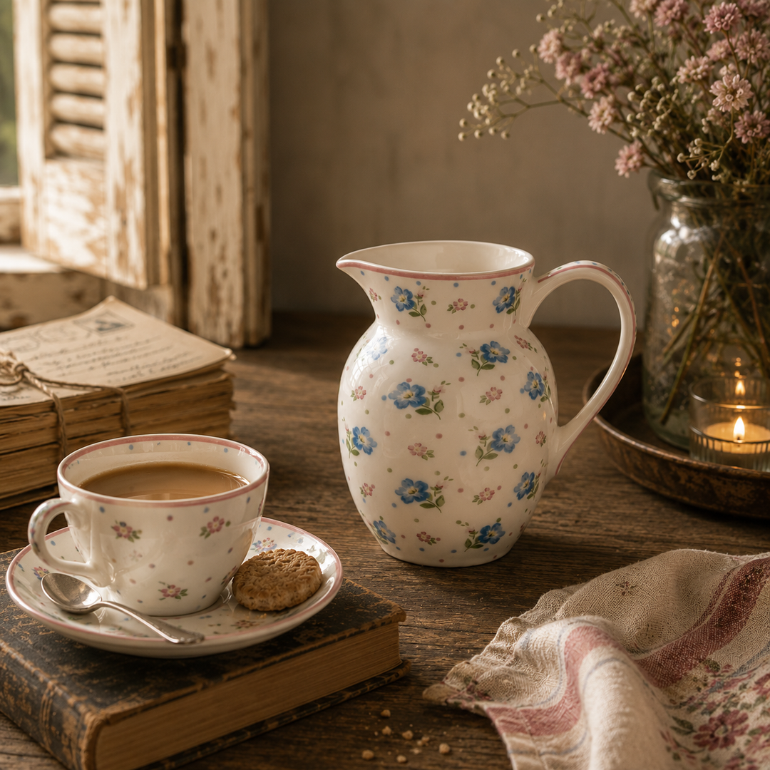 GreenGate Krug Rosalia Weiß 0,5 L mit Blumenmuster in gemütlicher Kaffee Szene im Vintage Landhausstil