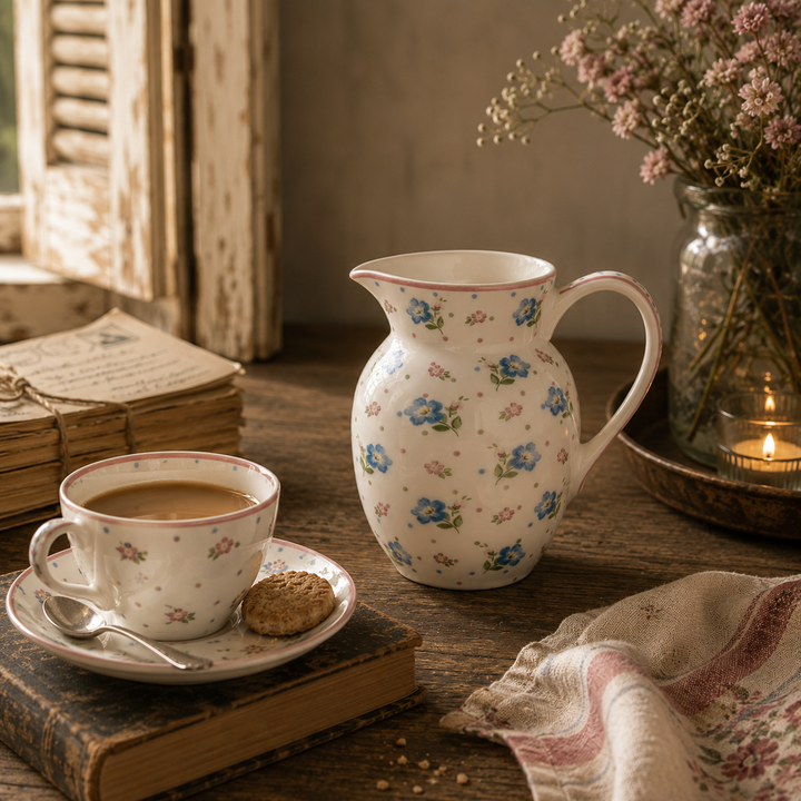 GreenGate Krug Rosalia Weiß 0,5 L mit Blumenmuster in gemütlicher Kaffee Szene im Vintage Landhausstil