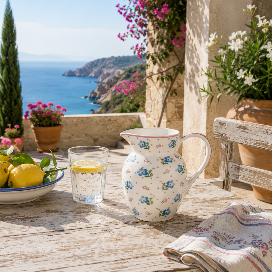 GreenGate Krug Rosalia Weiß 0,5 L mit floralem Dekor auf sommerlicher Terrasse im mediterranen Landhausstil mit Meerblick