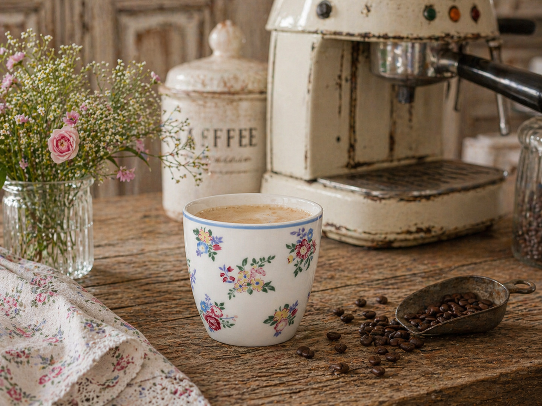 GreenGate Latte Becher Elena Petit weiß geblümt auf urigem Holztisch mit Kaffeemaschine und Kaffeebohnen im Shabby Chic Landhausstil