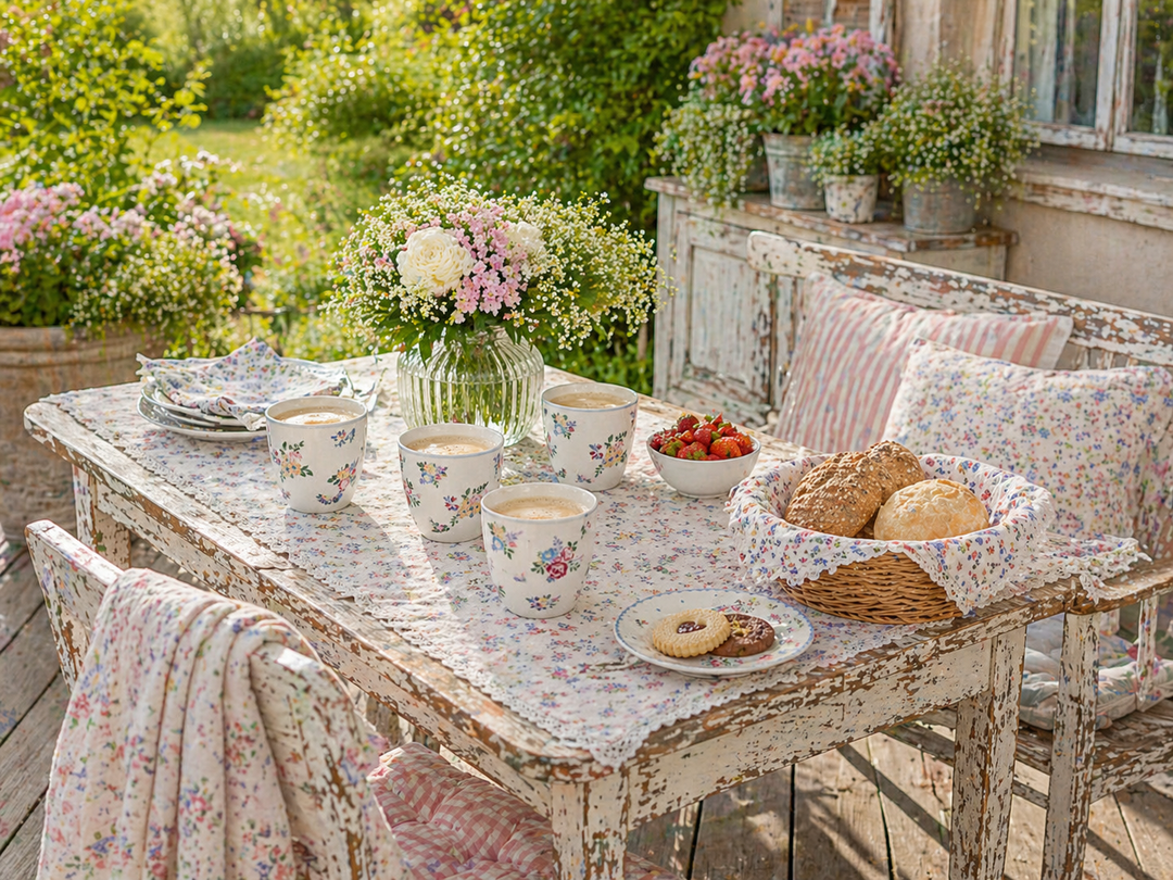 GreenGate Latte Becher Elena Petit weiß geblümt auf sommerlicher Terrasse im Shabby Chic Landhausstil mit gedecktem Tisch, Blumen und Frühstück