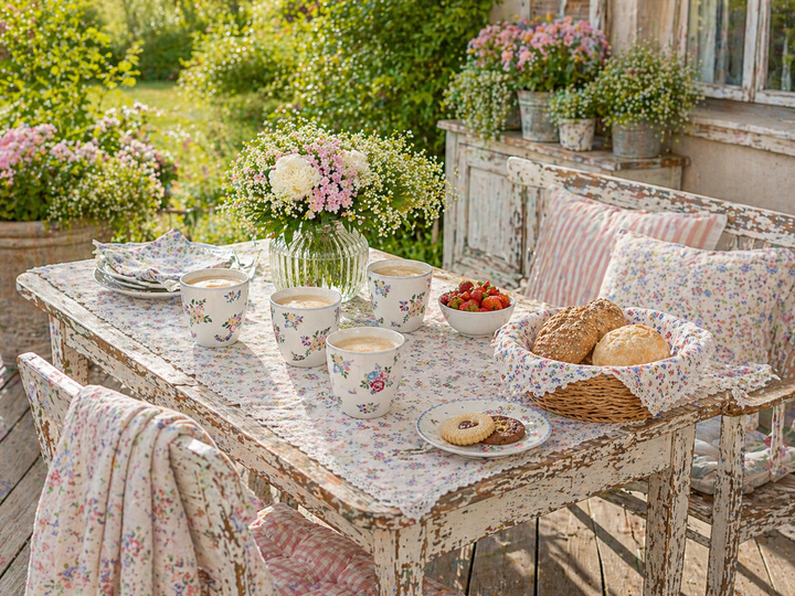 GreenGate Latte Becher Elena Petit weiß geblümt auf sommerlicher Terrasse im Shabby Chic Landhausstil mit gedecktem Tisch, Blumen und Frühstück