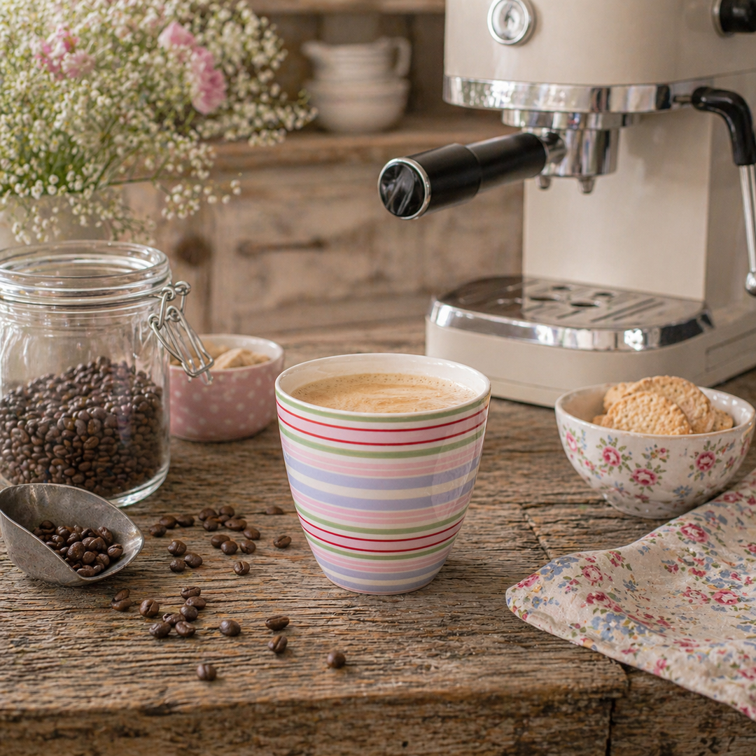 GreenGate Latte Becher Evelina weiß gestreift auf rustikalem Holztisch mit Kaffeemaschine und Kaffeebohnen im Shabby Chic Landhausstil