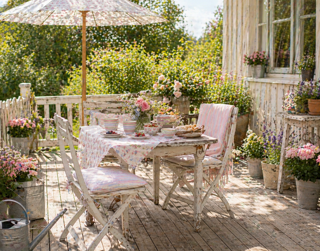 GreenGate Latte Becher Evelina weiß mit bunten Streifen auf sommerlicher Terrasse im Shabby Chic Landhausstil mit gedecktem Tisch und Blumen