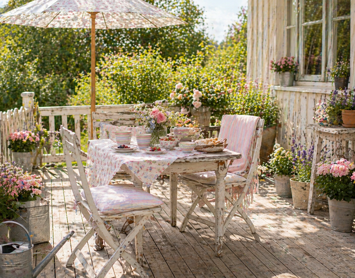 GreenGate Latte Becher Evelina weiß mit bunten Streifen auf sommerlicher Terrasse im Shabby Chic Landhausstil mit gedecktem Tisch und Blumen