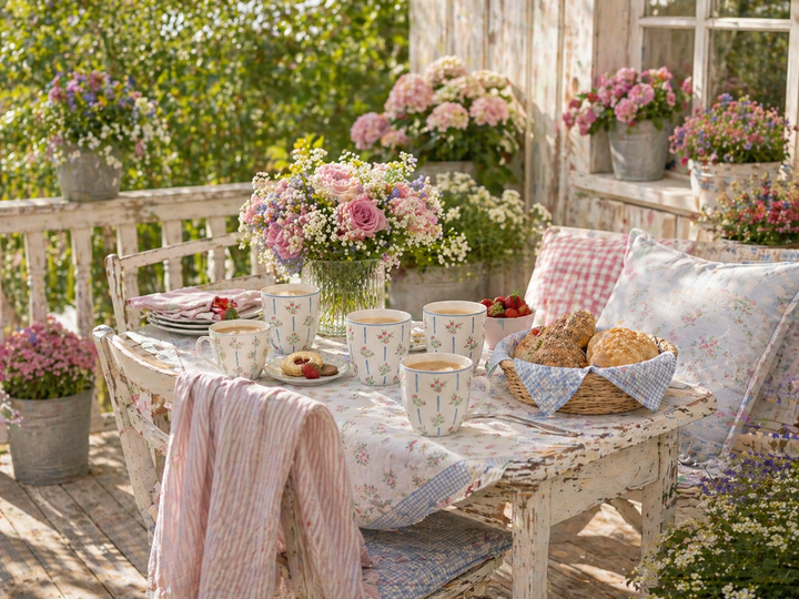 GreenGate Latte Becher Hannah weiß geblümt mit Streifen auf sommerlicher Terrasse im Shabby Chic Landhausstil mit gedecktem Tisch und Blumen