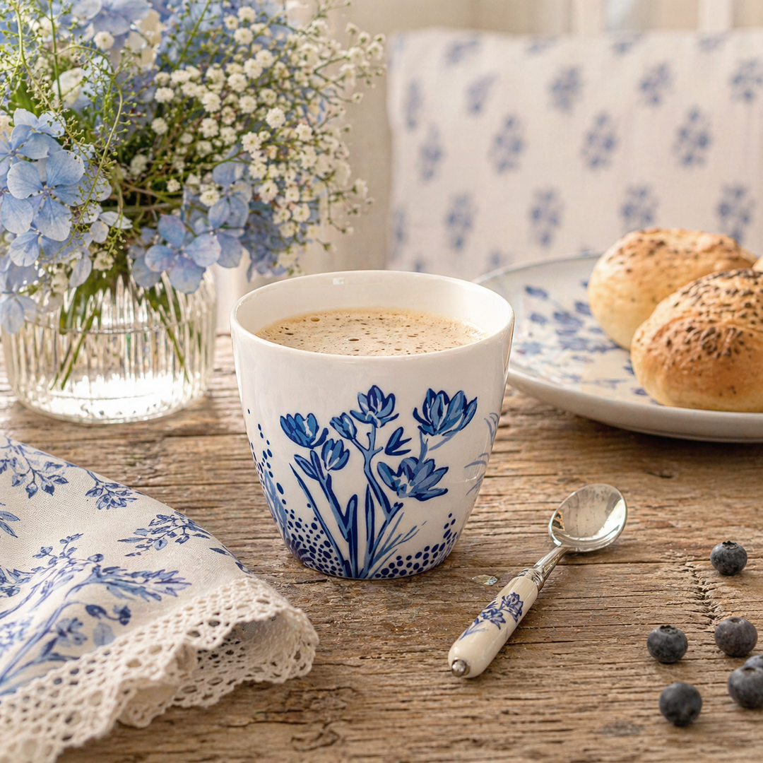 GreenGate Latte Becher Kristel blau weiß mit floralem Muster in Nutzung mit Kaffee auf Holztisch im skandinavischen Landhausstil