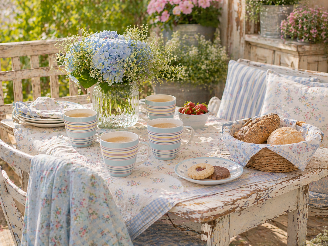 GreenGate Latte Becher Nera hellblau mit Streifen auf sommerlicher Terrasse im Shabby Chic Landhausstil mit gedecktem Tisch, Blumen und Frühstück