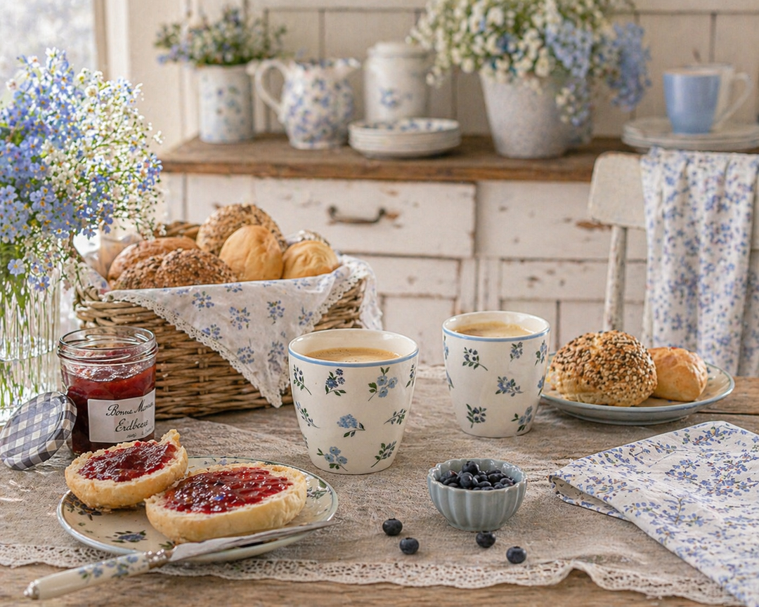 GreenGate Latte Cup Christina weiß geblümt auf Frühstückstisch mit Brötchen und Marmelade im Shabby Chic Landhausstil