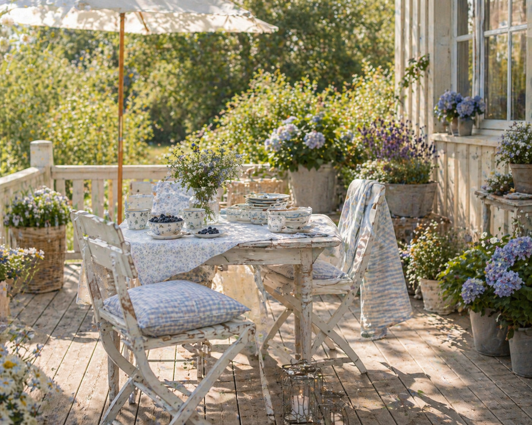 GreenGate Latte Cup Christina weiß geblümt auf sommerlicher Terrasse im Shabby Chic Landhausstil mit gedecktem Tisch und Blumen