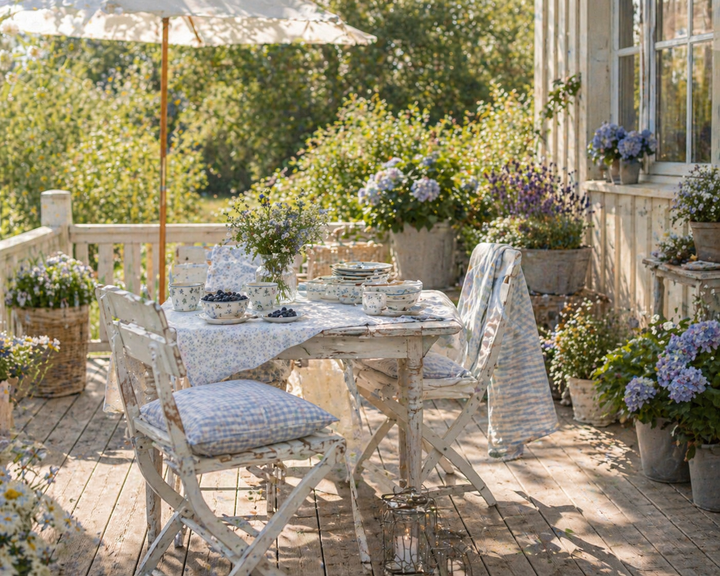 GreenGate Latte Cup Christina weiß geblümt auf sommerlicher Terrasse im Shabby Chic Landhausstil mit gedecktem Tisch und Blumen