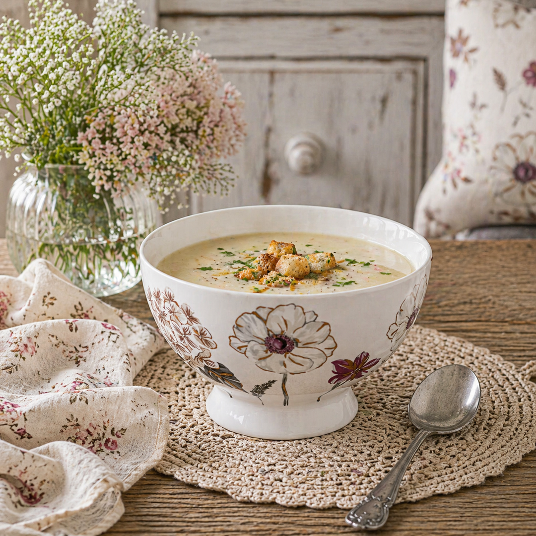 GreenGate Suppenschale Lillith weiß mit floralen Motiven und Suppe auf rustikalem Holztisch im Shabby Chic Landhausstil angerichtet