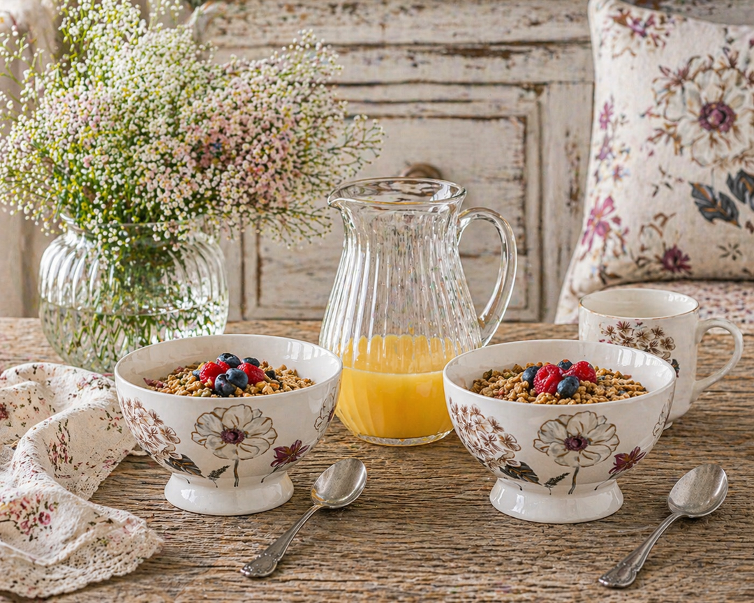GreenGate Suppenschale Lillith weiß im Set mit Müsli auf urigem Holztisch neben Saftkanne im Shabby Chic Landhausstil