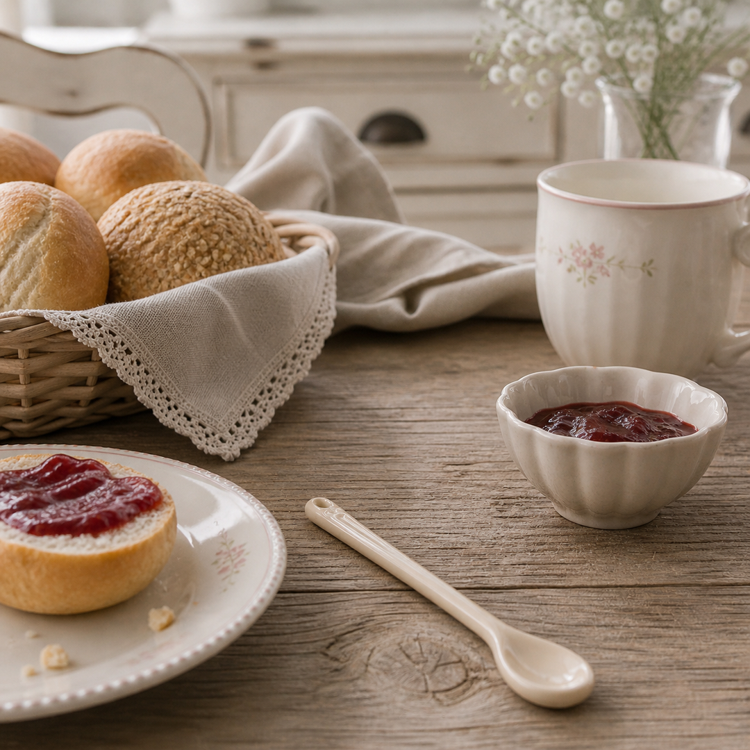 GreenGate Löffel Alice Fudge in Frühstücksszene mit Brötchen und Marmelade auf Holztisch im Landhausstil