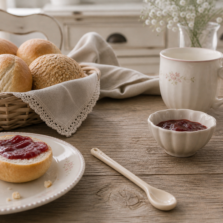 GreenGate Löffel Alice Fudge in Frühstücksszene mit Brötchen und Marmelade auf Holztisch im Landhausstil
