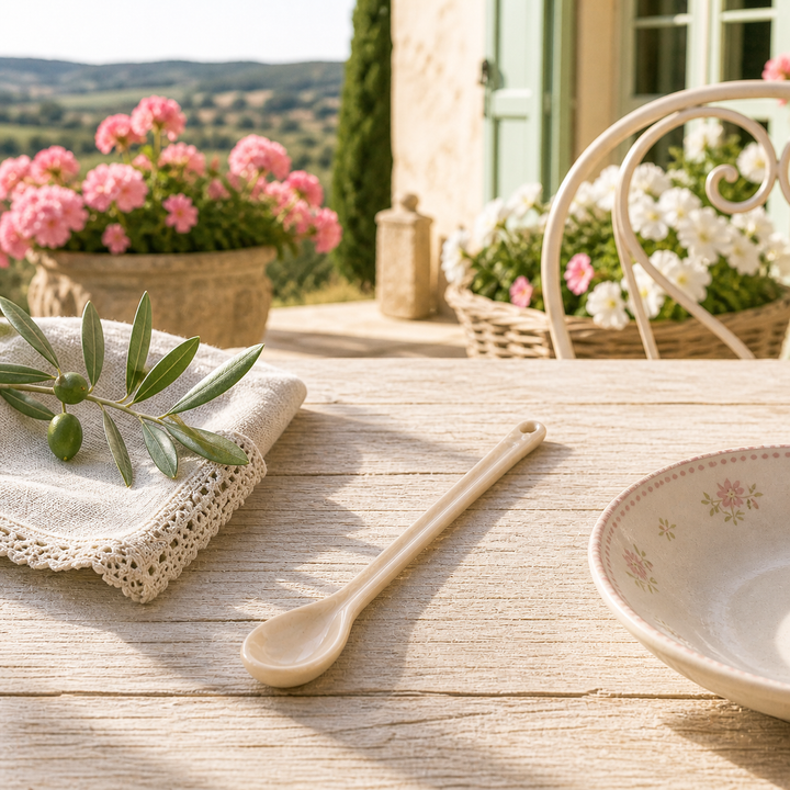 GreenGate Löffel Alice Fudge auf sommerlicher Terrasse im mediterranen Landhausstil mit Sonne und Blumen