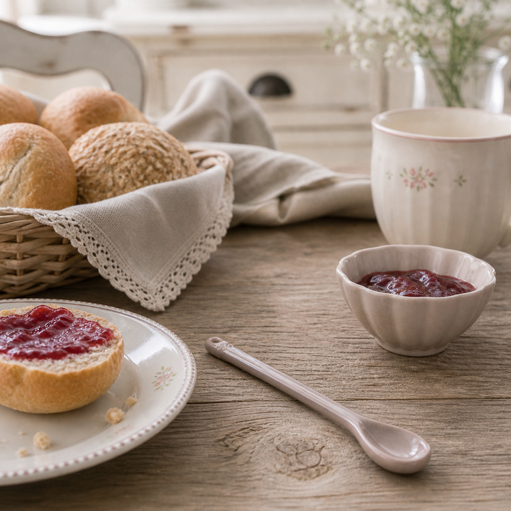 GreenGate Löffel Alice Haselnuss in Frühstücksszene mit Brötchen und Marmelade auf Holztisch im Landhausstil