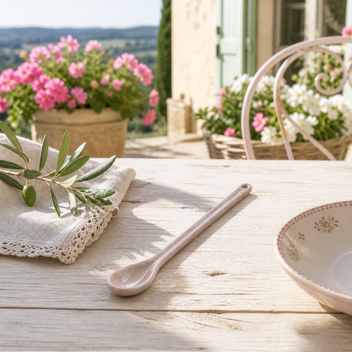 GreenGate Löffel Alice Haselnuss auf sommerlicher Terrasse im mediterranen Landhausstil mit Sonne und Blumen