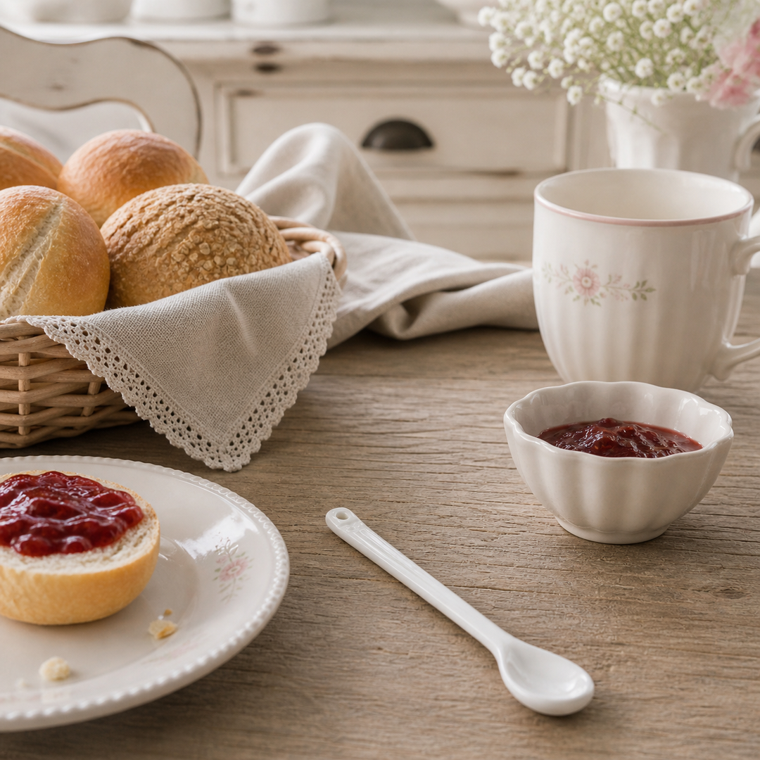 GreenGate Löffel Alice Weiß in Frühstücksszene mit Brötchen und Marmelade auf Holztisch im Landhausstil