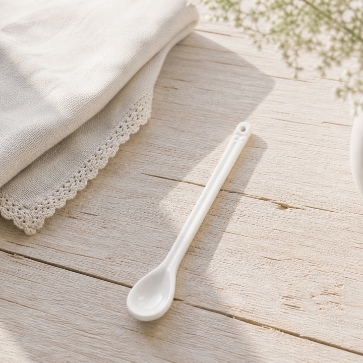 GreenGate Löffel Alice Weiß auf hellem Landhaus Tisch mit weichem natürlichen Licht minimalistisch dargestellt