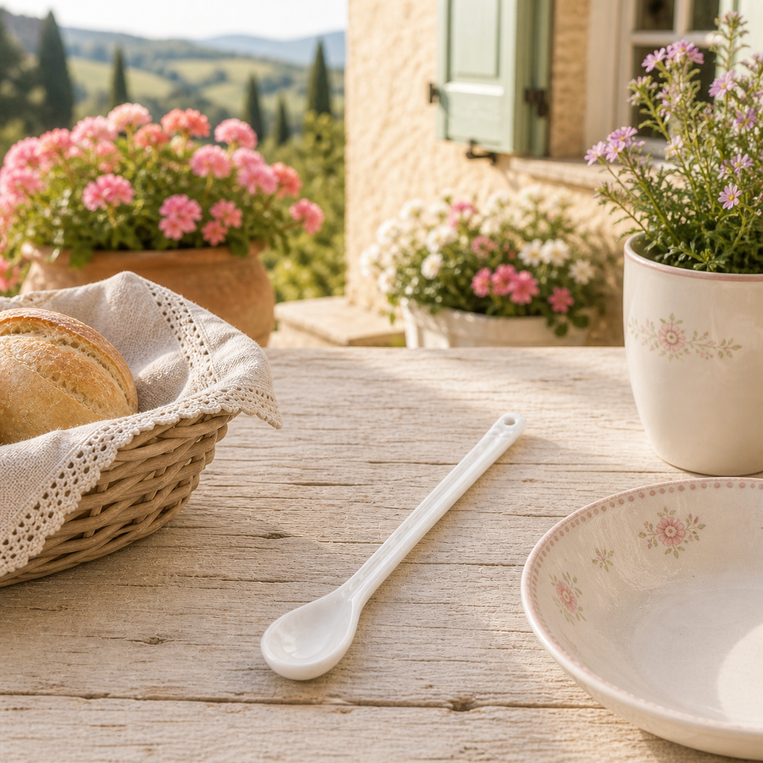 GreenGate Löffel Alice Weiß auf sommerlicher Terrasse im mediterranen Landhausstil mit Sonne und Blumen
