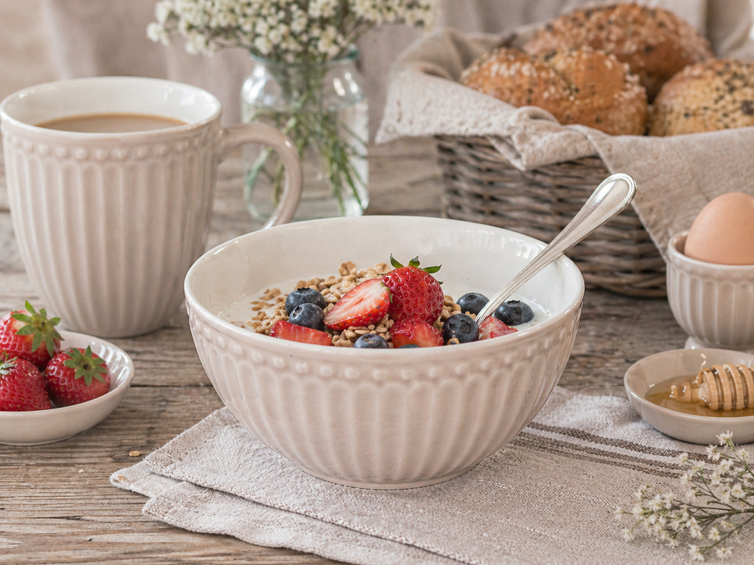 GreenGate Müslischale Alice Fudge mit Müsli und Beeren auf Holztisch im skandinavischen Landhausstil