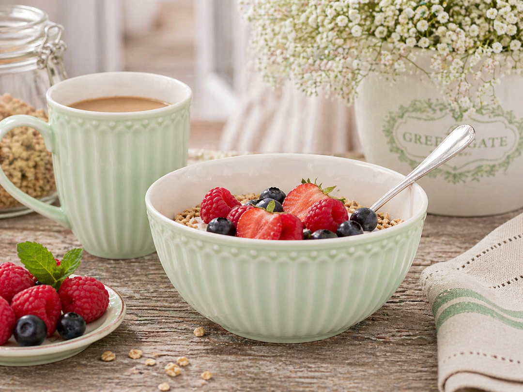 GreenGate Müslischale Alice hellgrün mit Müsli und Beeren auf Holztisch im skandinavischen Landhausstil