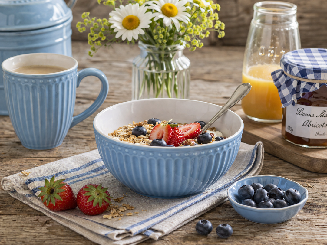 GreenGate Müslischale Alice himmelblau mit Müsli und Beeren auf Holztisch im skandinavischen Landhausstil