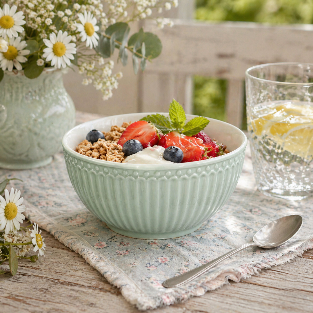 GreenGate Müslischale Alice kühle Minze mit Müsli und Beeren auf Holztisch im skandinavischen Landhausstil