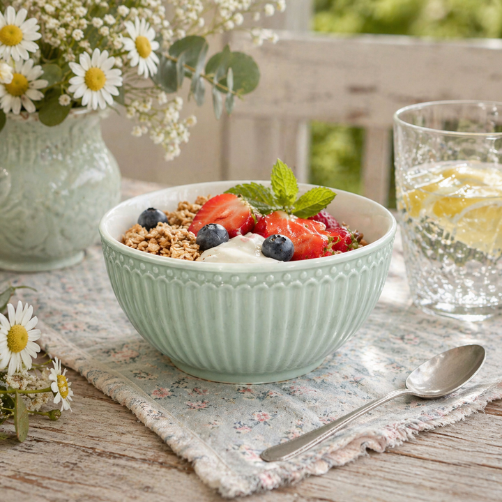 GreenGate Müslischale Alice kühle Minze mit Müsli und Beeren auf Holztisch im skandinavischen Landhausstil