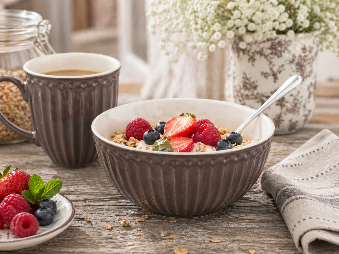 GreenGate Müslischale Alice schokolade mit Müsli und Beeren auf Holztisch im skandinavischen Landhausstil