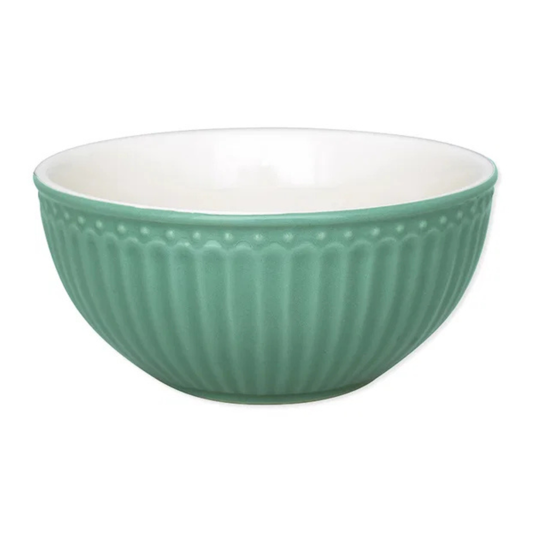 GreenGate Müslischale Alice Staubiges Grün aus Porzellan mit 450 ml Fassungsvermögen im skandinavischen Landhausstil