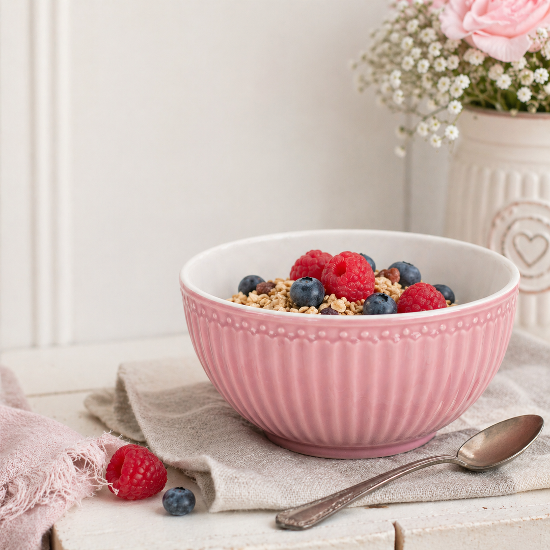 GreenGate Müslischale Alice staubrosa mit Müsli und Beeren auf Holztisch im skandinavischen Landhausstil