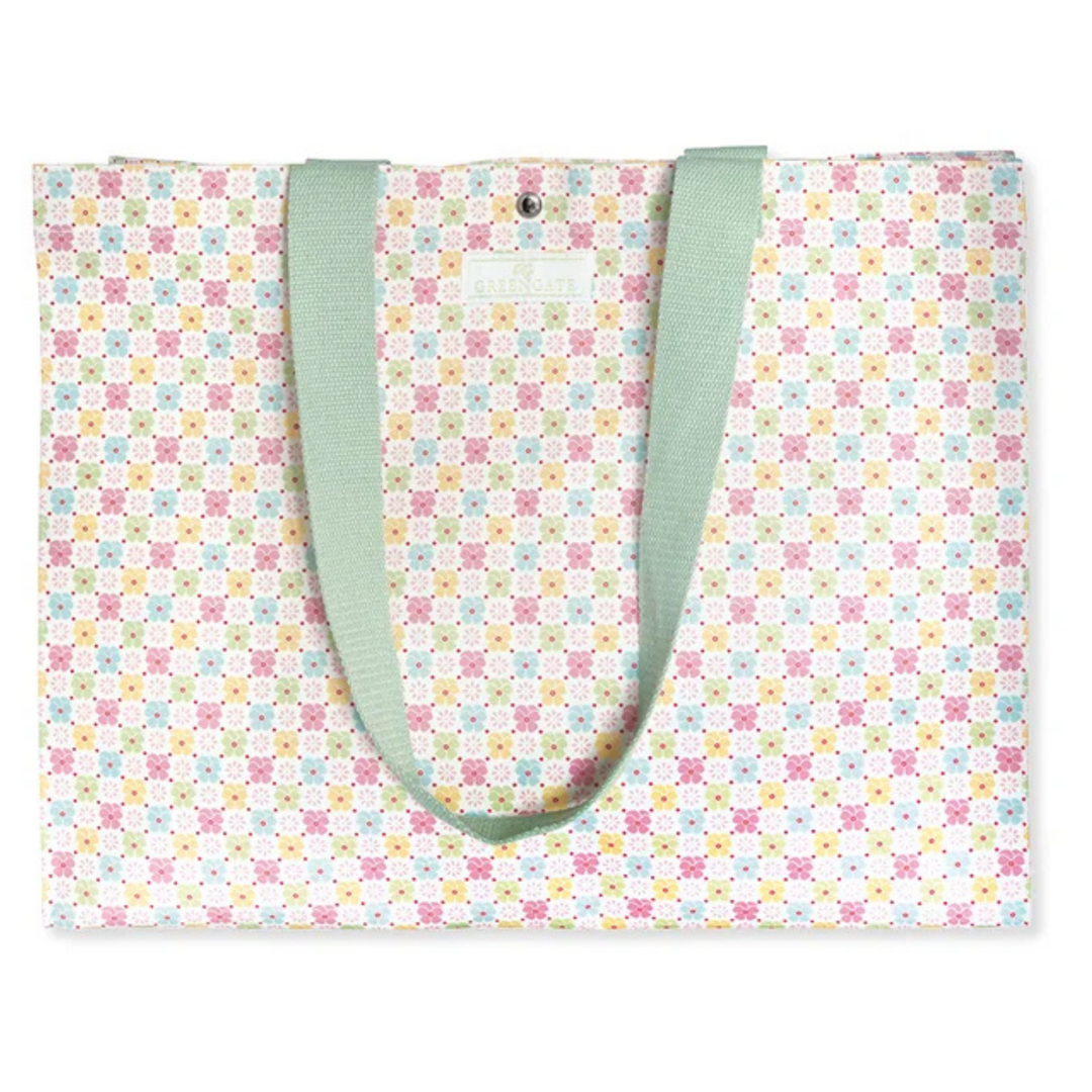 GreenGate Oilcloth Shopper Tasche Edie Weiß mit floralem Blumenmuster aus Wachstuch 45x35x14 cm